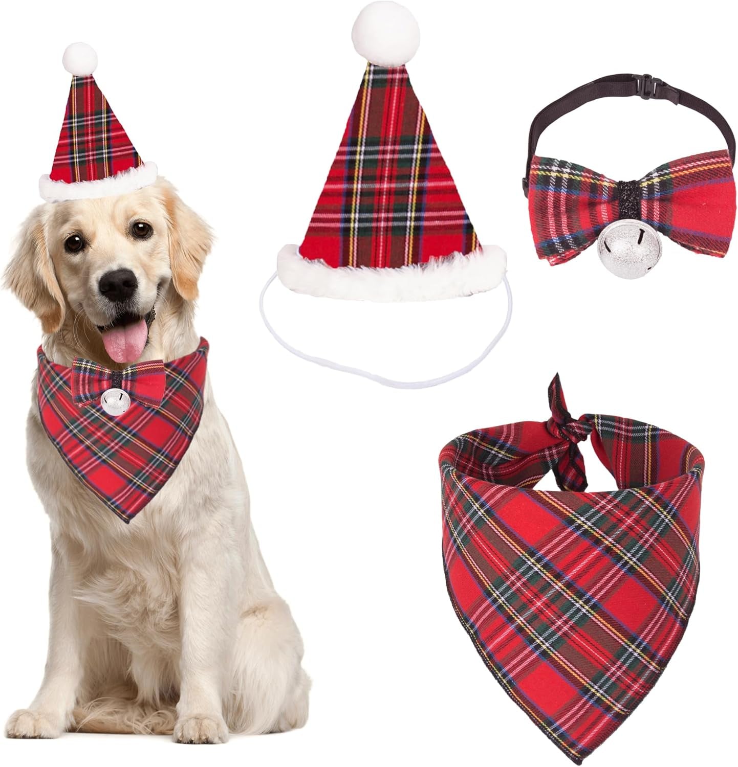 Christmas Dog Bandana Hat Bow Tie Set - Classic Red Plaid Pet Xmas Scarf Hat Christmas Costume Outfit for Medium Large Dogs Pets (Large)