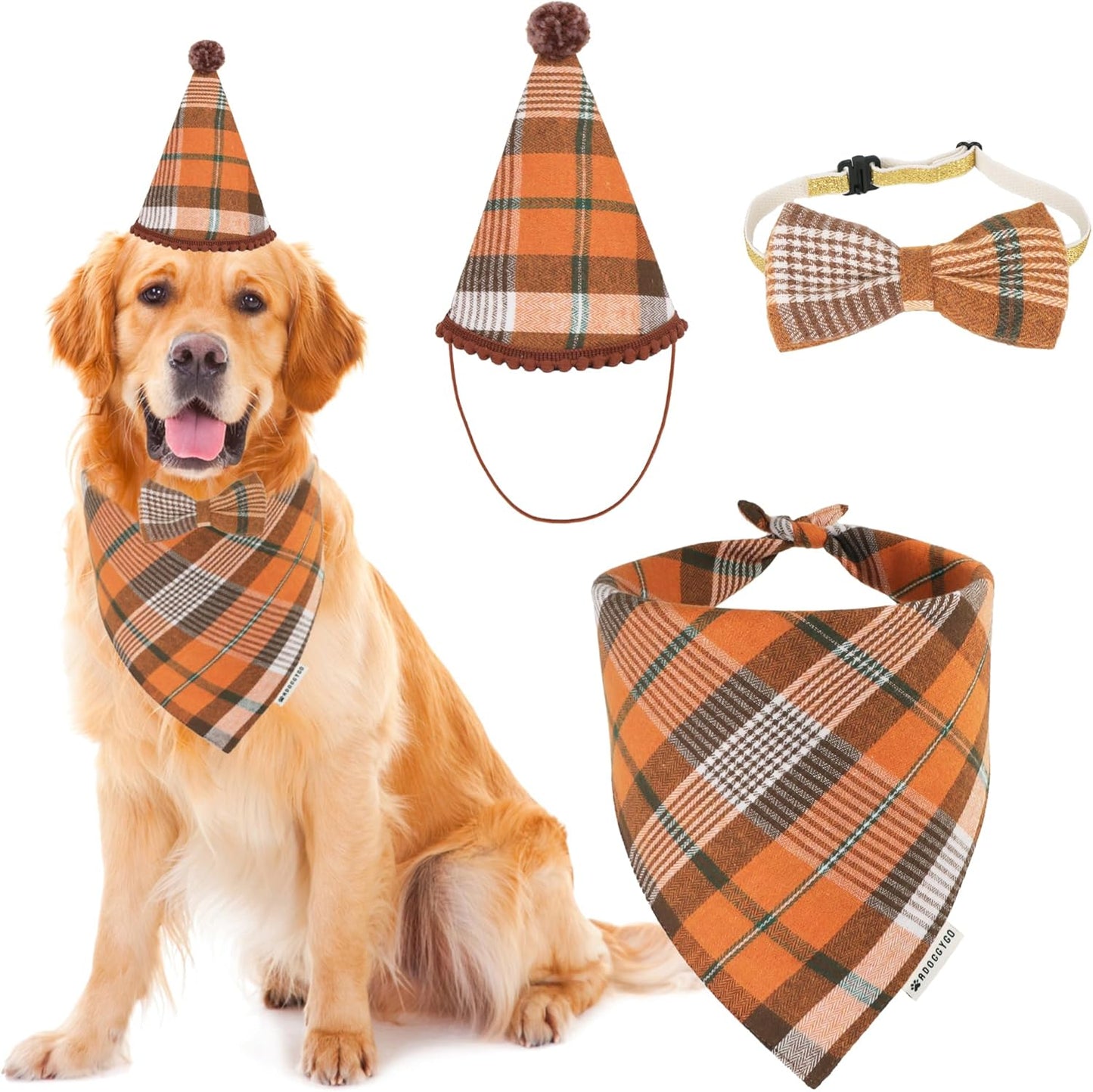 Christmas Dog Bandana Hat Bow Tie Set - Classic Red Plaid Pet Xmas Scarf Hat Christmas Costume Outfit for Medium Large Dogs Pets (Large)