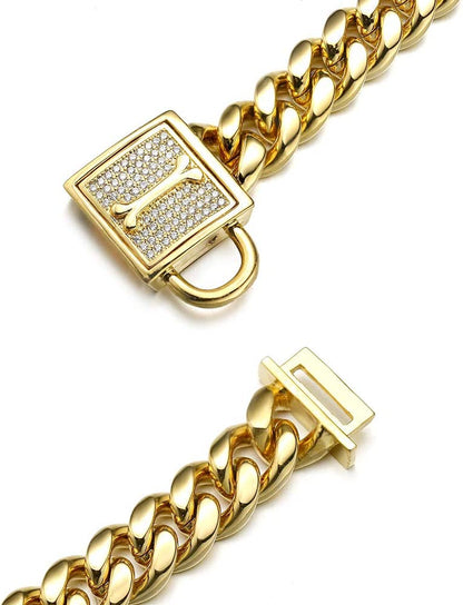 Dog Chain Collar, 12MM Heavy Duty Cuban Chain Collar, 316L Stainless Steel Silver/Gold Dog Training Collar with Bling Zirconia Lock Luxury Dog Necklace for Small Medium Large Dogs(10'', Gold)