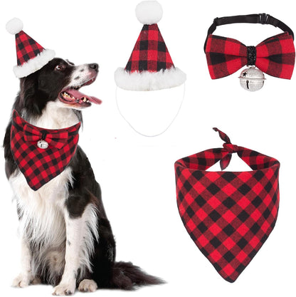 Christmas Dog Bandana Hat Bow Tie Set - Classic Red Plaid Pet Xmas Scarf Hat Christmas Costume Outfit for Medium Large Dogs Pets (Large)