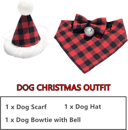 Christmas Dog Bandana Hat Bow Tie Set - Classic Red Plaid Pet Xmas Scarf Hat Christmas Costume Outfit for Medium Large Dogs Pets (Large)