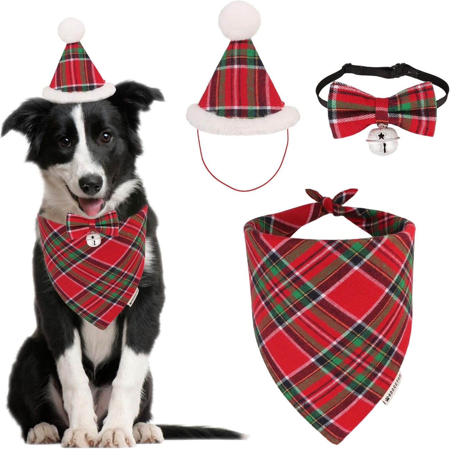 Christmas Dog Bandana Hat Bow Tie Set - Classic Red Plaid Pet Xmas Scarf Hat Christmas Costume Outfit for Medium Large Dogs Pets (Large)
