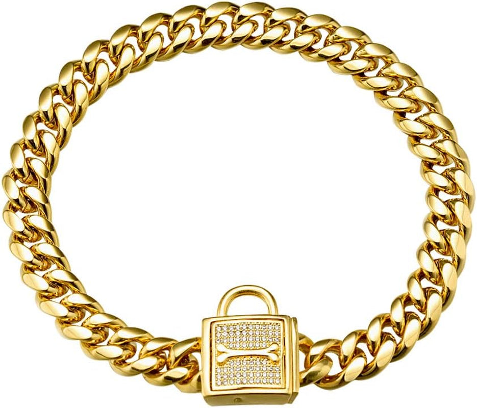 Dog Chain Collar, 12MM Heavy Duty Cuban Chain Collar, 316L Stainless Steel Silver/Gold Dog Training Collar with Bling Zirconia Lock Luxury Dog Necklace for Small Medium Large Dogs(10'', Gold)