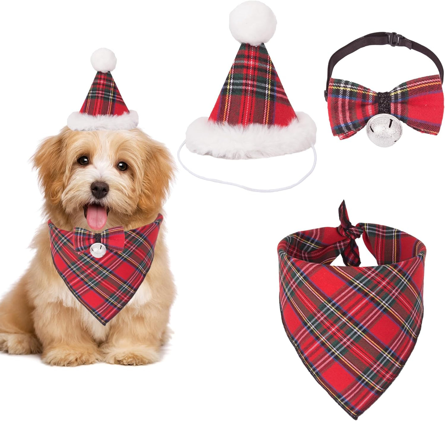 Christmas Dog Bandana Hat Bow Tie Set - Classic Red Plaid Pet Xmas Scarf Hat Christmas Costume Outfit for Medium Large Dogs Pets (Large)