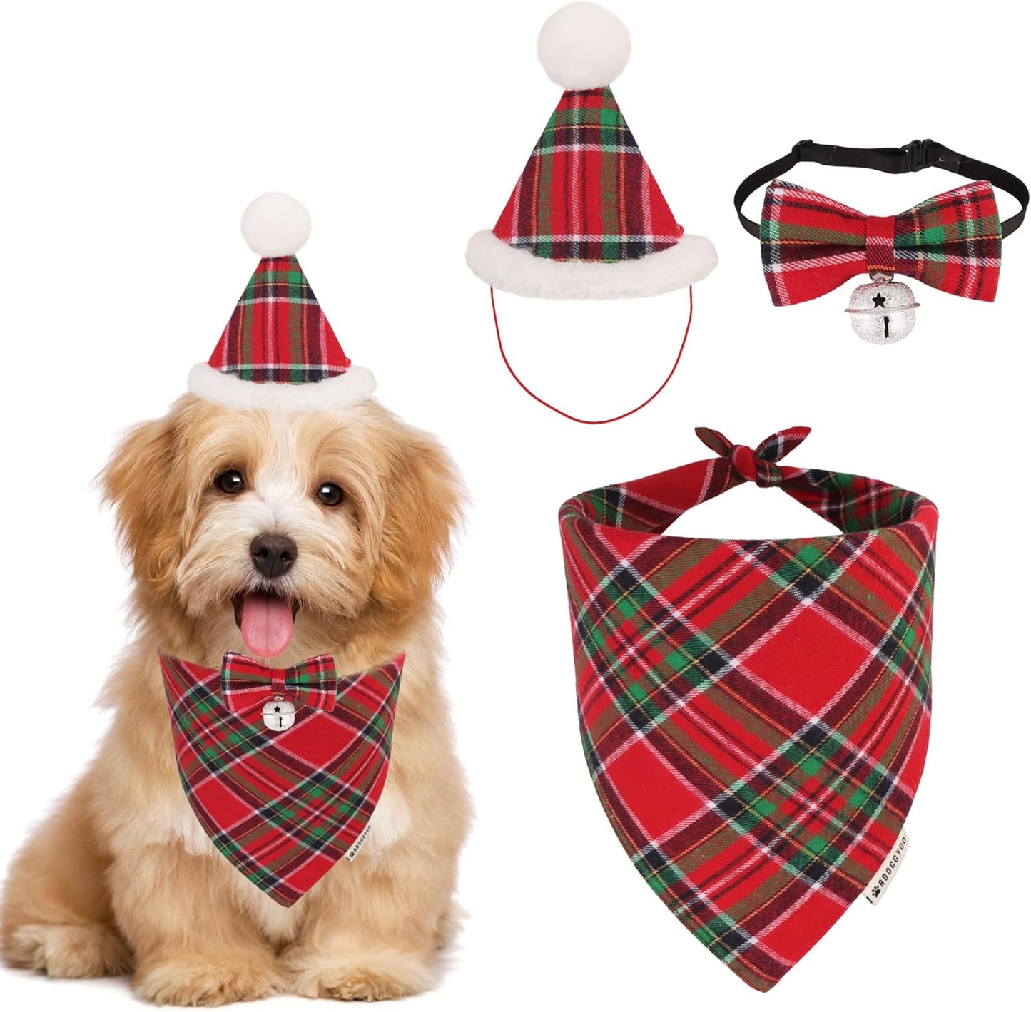 Christmas Dog Bandana Hat Bow Tie Set - Classic Red Plaid Pet Xmas Scarf Hat Christmas Costume Outfit for Medium Large Dogs Pets (Large)