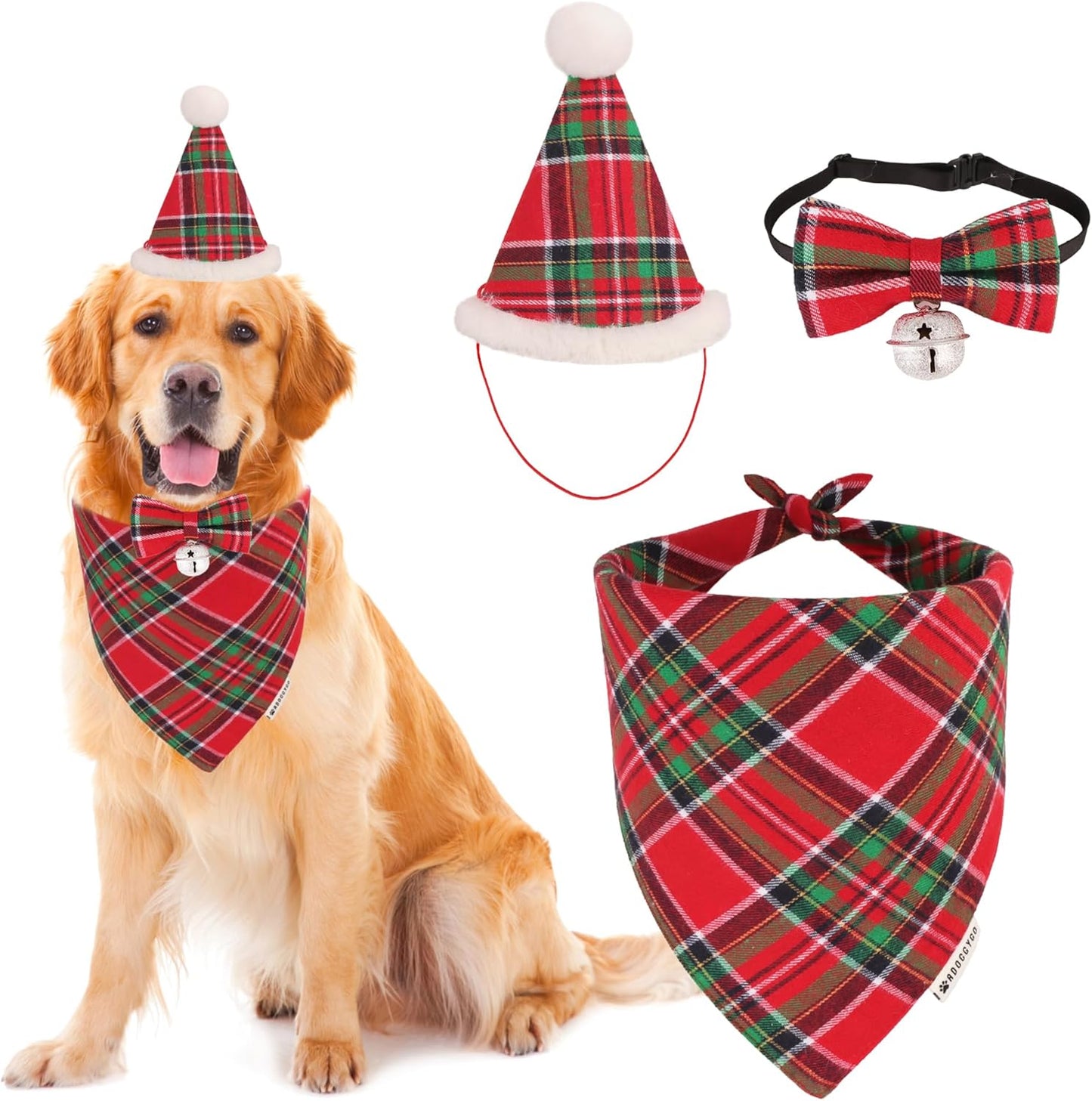 Christmas Dog Bandana Hat Bow Tie Set - Classic Red Plaid Pet Xmas Scarf Hat Christmas Costume Outfit for Medium Large Dogs Pets (Large)