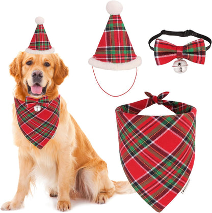 Christmas Dog Bandana Hat Bow Tie Set - Classic Red Plaid Pet Xmas Scarf Hat Christmas Costume Outfit for Medium Large Dogs Pets (Large)