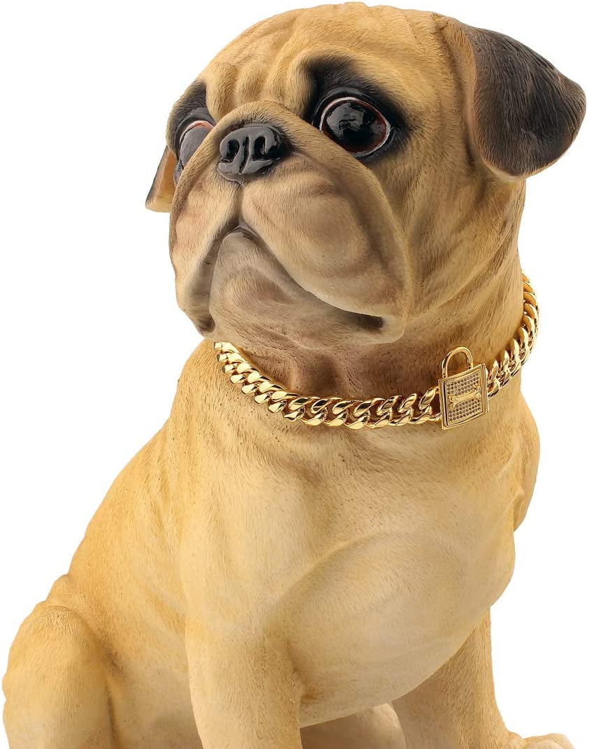 Dog Chain Collar, 12MM Heavy Duty Cuban Chain Collar, 316L Stainless Steel Silver/Gold Dog Training Collar with Bling Zirconia Lock Luxury Dog Necklace for Small Medium Large Dogs(10'', Gold)