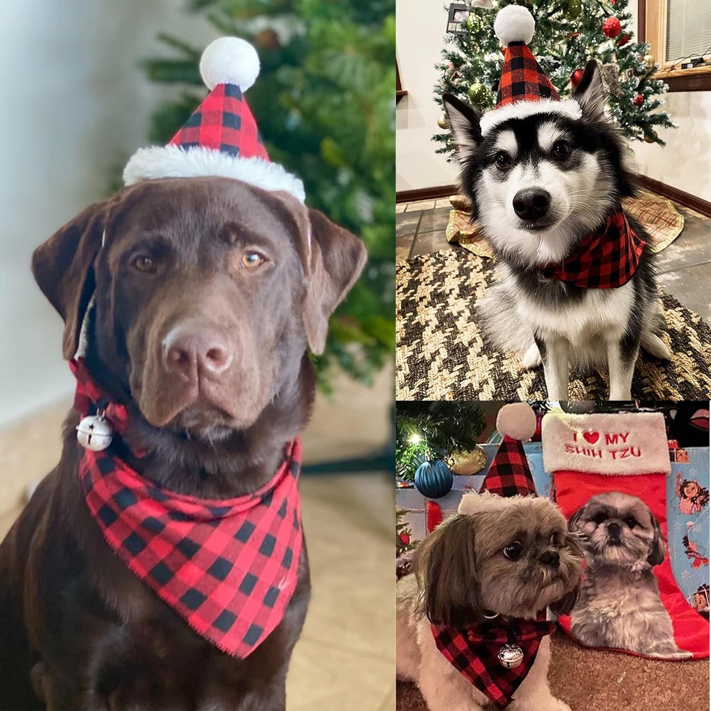 Christmas Dog Bandana Hat Bow Tie Set - Classic Red Plaid Pet Xmas Scarf Hat Christmas Costume Outfit for Medium Large Dogs Pets (Large)