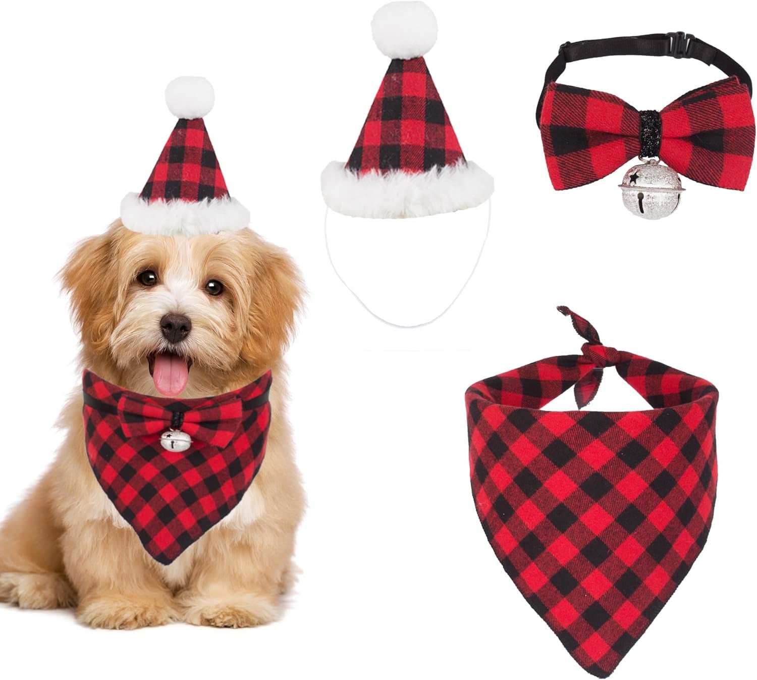 Christmas Dog Bandana Hat Bow Tie Set - Classic Red Plaid Pet Xmas Scarf Hat Christmas Costume Outfit for Medium Large Dogs Pets (Large)