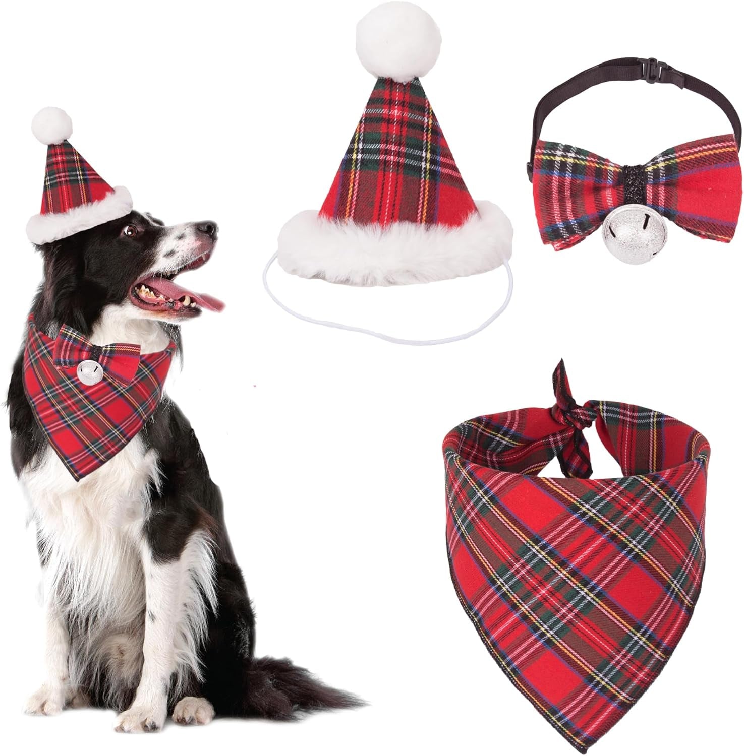 Christmas Dog Bandana Hat Bow Tie Set - Classic Red Plaid Pet Xmas Scarf Hat Christmas Costume Outfit for Medium Large Dogs Pets (Large)