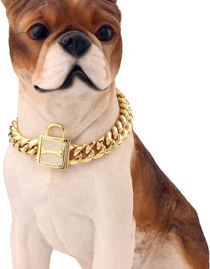 Dog Chain Collar, 12MM Heavy Duty Cuban Chain Collar, 316L Stainless Steel Silver/Gold Dog Training Collar with Bling Zirconia Lock Luxury Dog Necklace for Small Medium Large Dogs(10'', Gold)