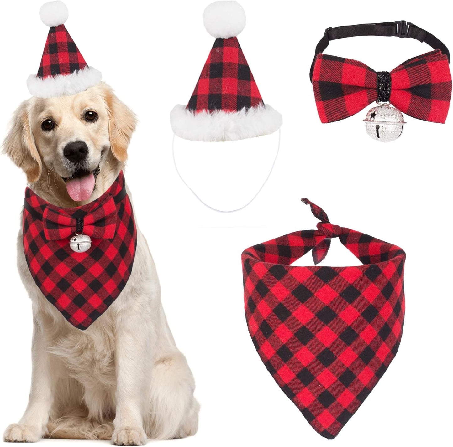 Christmas Dog Bandana Hat Bow Tie Set - Classic Red Plaid Pet Xmas Scarf Hat Christmas Costume Outfit for Medium Large Dogs Pets (Large)