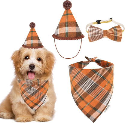 Christmas Dog Bandana Hat Bow Tie Set - Classic Red Plaid Pet Xmas Scarf Hat Christmas Costume Outfit for Medium Large Dogs Pets (Large)